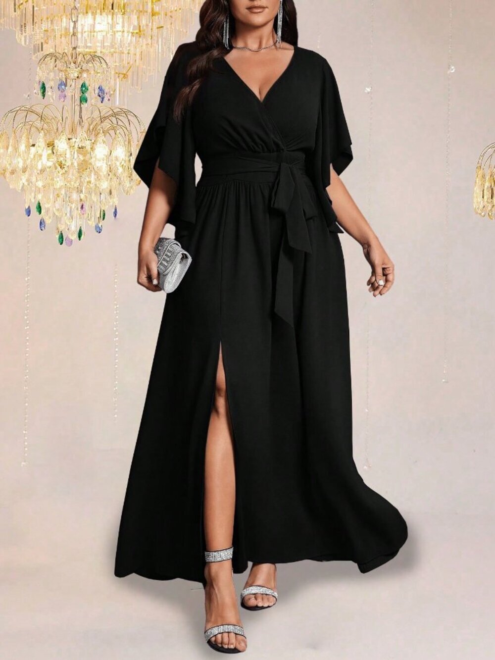 Black Elegant Women's Plus Size V-Neck Flared Short Sleeve Maxi Dress
